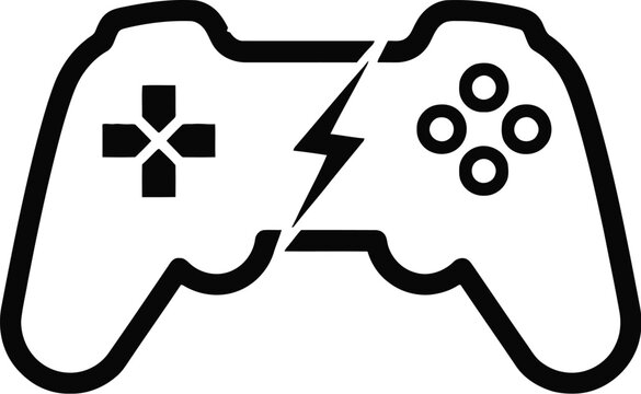 A simple line drawing of a broken video game controller on a white background.