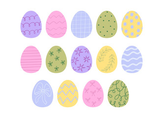 Cute Easter egg designs. Traditional spring hand drawn decorations, symbols, and floral ornaments. Natural floral patterns. Flat vector illustration