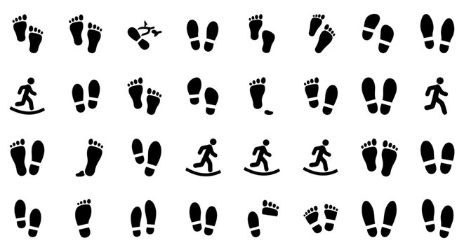 Footsteps and walking footprint icon set human step trail silhouette vector collection
