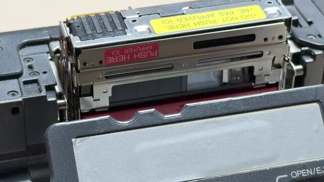 The internal metal housing of a vintage camcorder lifts to eject a MiniDV cassette. This mechanical movement produces a steady motorized whir and a final metallic click as the carriage locks.