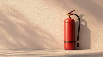 Fototapeta premium A vibrant red safety device stands upright against a textured wall, its nozzle and hose contrasting with the wall's warm, neutral tones