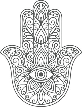 Intricately designed hamsa hand with floral patterns and all-seeing eye.