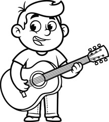 A cartoon boy happily playing a guitar with a big smile on his face.