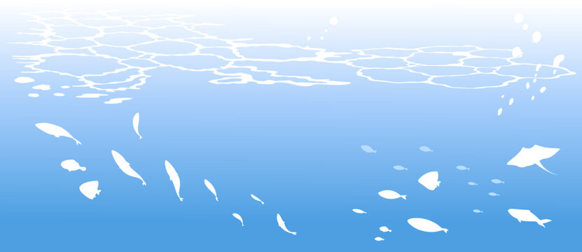 魚群と水面のシルエットの背景イラスト　海　水中