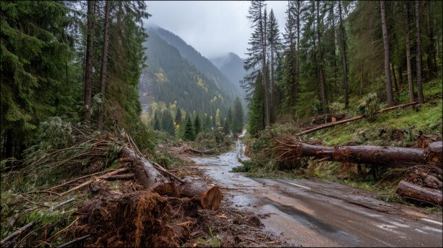 Road blocked by fallen trees after a storm in a forest with mountain background