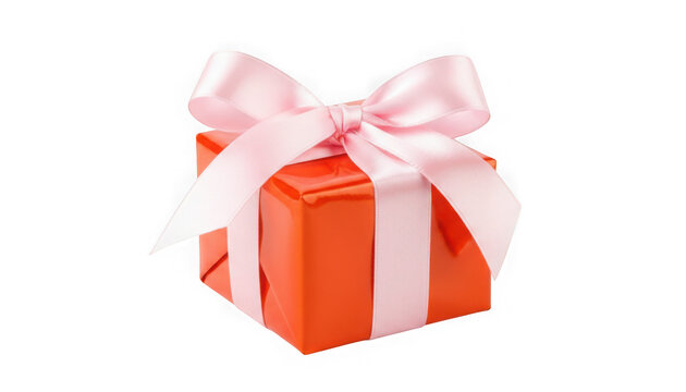 Elegant orange gift box with pink ribbon bow isolated on transparent background
