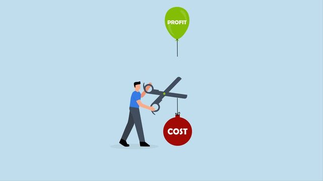 Cost reduction, 4k animation of Businessman cutting high expenses with scissors to allow profits to increase