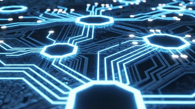 A network design with bright blue lines and octagon shapes on a dark background