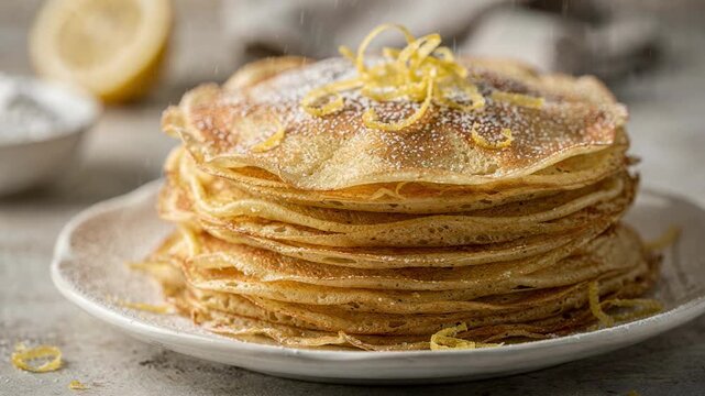 Stacked crepes with a dusting of powdered sugar and lemon zest in sharp focus surrounding elements fading into a creamy bokeh effect.