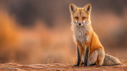 Fototapeta premium Red fox sitting on a rocky outcrop in autumn with soft bokeh background wildlife portrait for nature and conservation themes