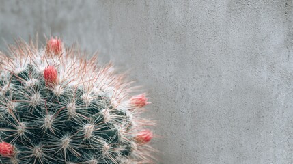 Spiky cactus with pink buds against a textured grey wall backdrop, right side focus