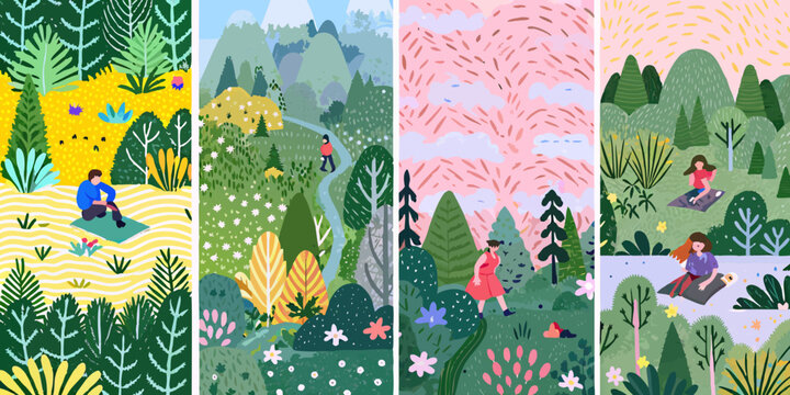 Stylized illustration of people enjoying nature in vibrant colorful landscapes