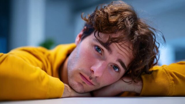 A Young Man in a Yellow Hoodie shows a Range of Emotions from Reflection to Tiredness, Resting his Head on his Arms in a Casual Indoor Setting