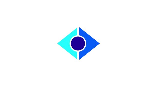 geometric design shows a dark blue circle centered within a light blue diamond shape that is accented by two smaller navy triangles on the sides