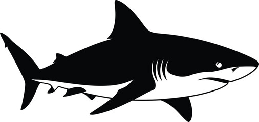 Fototapeta premium Black silhouette of a great white shark swimming black and white