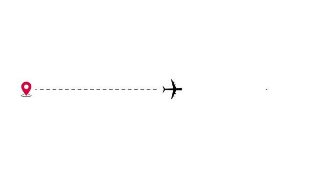 Plane flight route with start point and dash line trace animation 4k video. Airplane line path icon