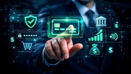 Illustration of secure online payment with a businessman authorizing a digital credit card transaction, highlighting encryption, financial security, fintech progress, and international e-commerce tren