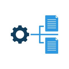 Abstract illustration of a cogwheel connected to two document icons symbolizing data processing or workflow automation