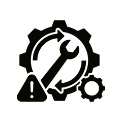 Abstract representation of mechanical repair with gears wrench and warning symbol