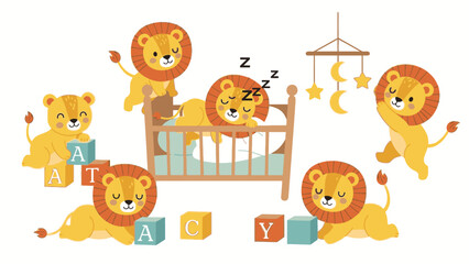 Colorful illustration of six cartoon lions playing around a baby's crib with alphabet blocks and mobile on a white background. © Rizaldy