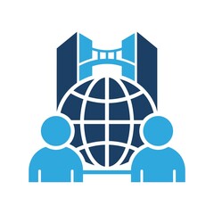 Stylized globe building and two people figures representing global collaboration and business growth