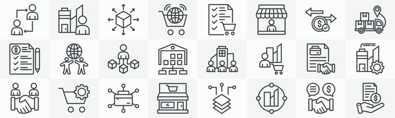 Obraz premium B2B media icon collection set. Containing client company, distribution, commerce, purchase order, vendor, transaction, logistics, quotation icon. Simple outline vector