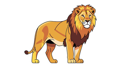 A cartoon lion standing on a white background with a slight turn to the right and a vibrant mane. © Rizaldy