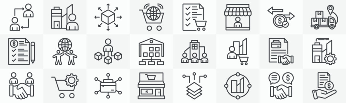 B2B media icon collection set. Containing client company, distribution, commerce, purchase order, vendor, transaction, logistics, quotation icon. Simple outline vector