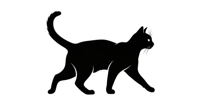 Black cat silhouette walking with tail up.
