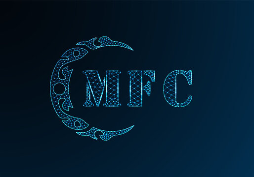 Low poly letter logo MFC design. MFC letter logo low poly vector design on blue color gradient background. MFC logo low poly design