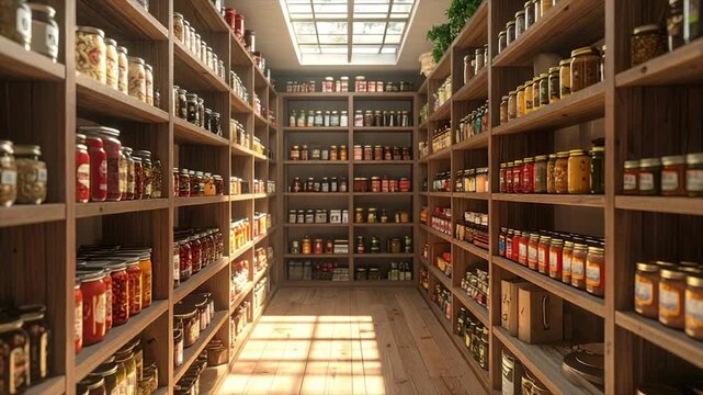 A pantry filled with rows of jars on wooden shelves. Sunlight streams in