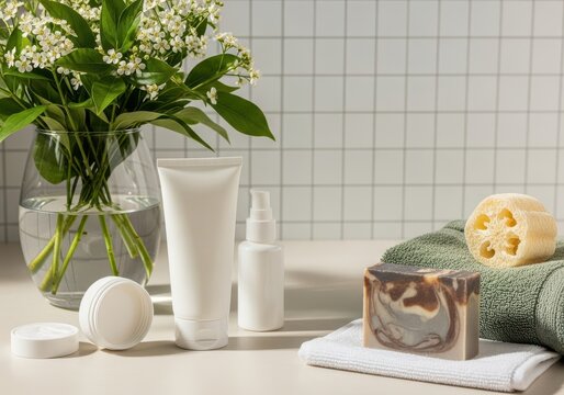 Bathroom essentials with soap, towel, and flowers on a countertop with white background
