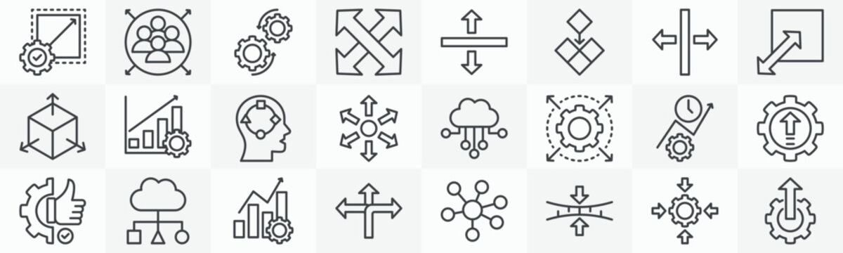 Scalability media icon collection set. Containing capacity, dynamic, vertical scaling, extendable, modular, horizontal scaling, resize, scalable icon. Simple outline vector