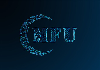 Low poly letter logo MFU design. MFU letter logo low poly vector design on blue color gradient background. MFU logo low poly design