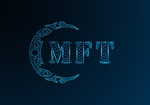 Low poly letter logo MFT design. MFT letter logo low poly vector design on blue color gradient background. MFT logo low poly design