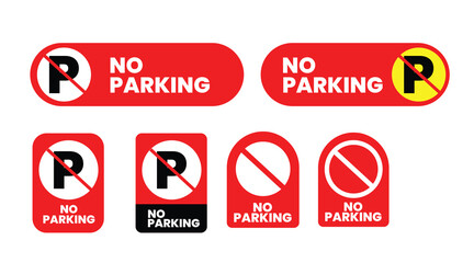 No Parking Sign Icon Set &ndash; Red Prohibited Parking Symbol Collection Vector