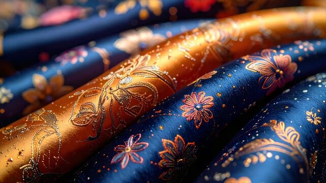 Close-up of rolled fabrics with floral embroidery in gold and copper on navy and gold