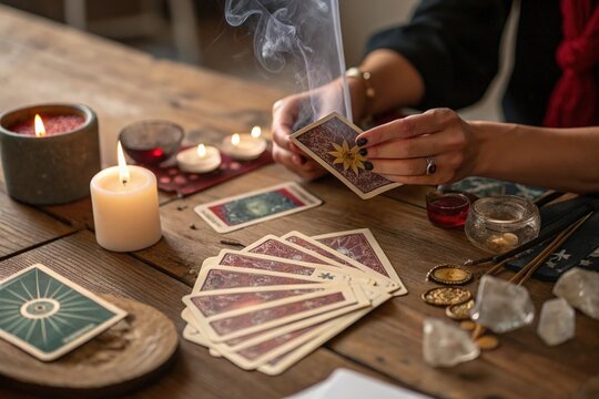 A woman is playing cards on a table with candles and crystals