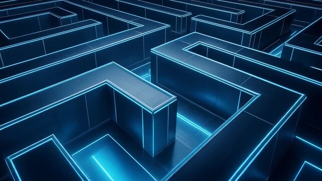 Futuristic glowing blue maze with neon light edges and dark reflective surfaces in modern technology concept