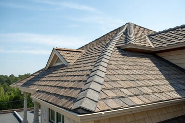 Obraz premium A house with a gray roof and a brown brick exterior