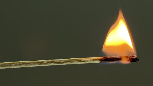 A wooden matchstick is struck and ignites into a bright orange and yellow flame. The initial flare-up produces a sharp crackle, followed by a soft, steady hiss as the wood burns.