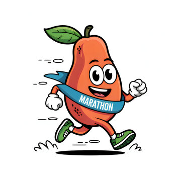 A cartoon pear character wearing a marathon bib and running