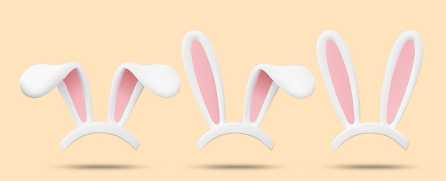 3D vector illustration set of white bunny ears headbands with different poses. Concept for Easter rabbit costume and spring holiday party. Cute animal background template.