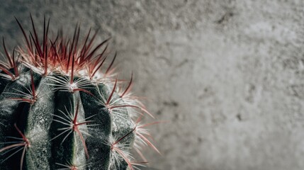 Close-up of a cactus with vibrant red spines against a textured gray concrete background