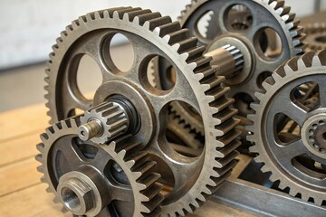 A collection of gears with one of them being a compass