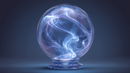Crystal ball with swirling, wispy blue and white smoke inside, standing on a detailed base