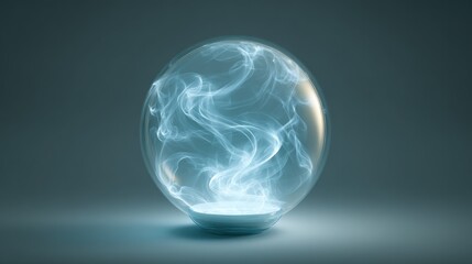 Luminous energy swirled within a glass orb, resting on a base and softly glowing against a soft, neutral backdrop