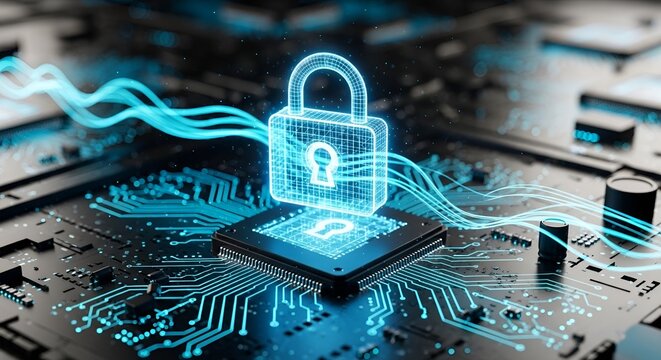 Digital Padlock with Data Flow on Circuit Board Background