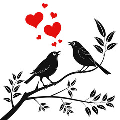 Fototapeta premium Two black birds on a branch with hearts Vector