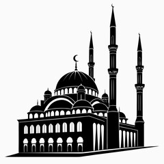 A black and white image of a mosque with minarets Vector